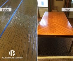 Peeling Wooden Furniture Kitchen Dining Table top water damage Repair Striping Staining and Re-Finishing