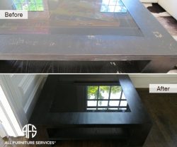 glass table trim dark wood veneer peeling flaking repair in-home finish restoring touch-up