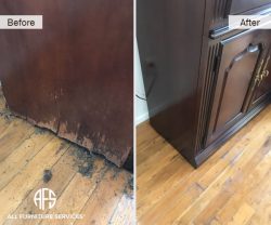 water damaged contaminated expanded wood veneer flood mold repair restoration replacing panel refinishing shop work cabinet furniture case good