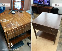 End table side table credenze coffee table furniture top water damage peeling finish refinishing painting restoring polishing