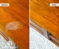 Furniture dresser table top heat water liquid white milky mark damage repair restoration finishing