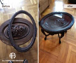 Antique Oval Round Crafted curved wooden side end table peeling flaking repair refinishing stain frame glass top