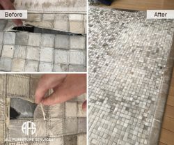 Rug Restoration Cleaning cow hide hair horse zebra tile repair replace restoration edging stitching re-sizing fix pick up delivery on-site