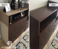 Furniture re-veneering laminate change finishing areas sides top stain finish work on cabinet table stand