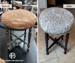 Furniture Antique stool ottoman seat chair wood restoration rungs spindles and seat re-upholstery padding strapping nail-heads