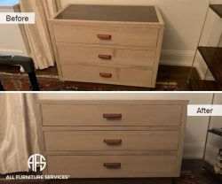 Furniture Bedroom Nightstand Drawer chest front wax stain liquid damage repair clean finish restoring refinishing paper veneer