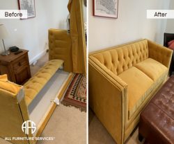 Tufted nailhead chesterfield Room and Board Mitchell Gold upholstered microfiber velvet sofa couch disassembly to fit