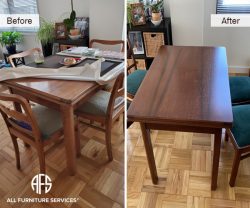 kitchen dining room table top repair discolroation worn finish scratches refinish on site in shop near me