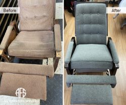 old antique grand rocking recliner chair repair replace mechanism footrest back seat re-upholster materail make new