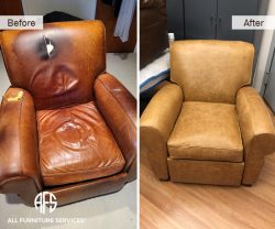 Armchair Aniline Leather upholstery change – headrest back damage worn spring rocker recliner chair NYC