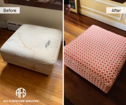 Ottoman re-upholstery change material upholster with pipping fabric