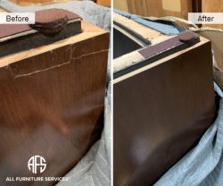 Cracked wood veneer leg base panel on furniture repair glue fill in touch up blend finish restore color tone finish on-site