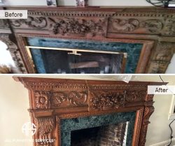Antique fireplace molding restore design carved wood details design recreate color stain finish add distress remove heat marks smock odor discoloration