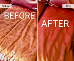 Crackled wrinkled worn indented discolored old antique leather restoration partial reupholstery dyeing color match paint furniture chaise seat couch