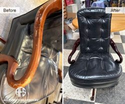EXECUT~1Executive chair wood refinishing restoring staining scratch wear and tear repair enhancing upholstery mechanism casters tufting buttons