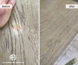 Furniture wood veneer grain burn mark oil fragrance air freshener damage nail polish restoration fill grain color iron
