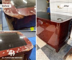 High Gloss Furniture Case Good Display unit Refinishing Table Corner Repair Wood Restoration Polishing Before After
