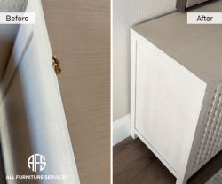 white wood cabinet dresser top damage corner chip veneer repair touch up before after